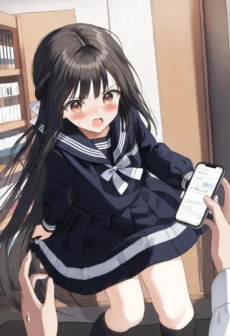 <lora:penta1_noob1.1-000139:0.9>,
1girl, serafuku, school uniform, indoors, skirt, long hair, holding, pleated skirt, phone, bow, socks, shirt, black serafuku, black skirt, very long hair, cellphone, black sailor collar, v-shaped eyebrows, holding phone, black hair, sailor collar, blush, 1boy, black socks, white bow, black shirt, long sleeves, brown eyes, solo focus, ribbed legwear, hair bow, open mouth, pov, sweat, sweatdrop, bookshelf,
masterpiece,best quality,newest,absurdres,highres,very awa,