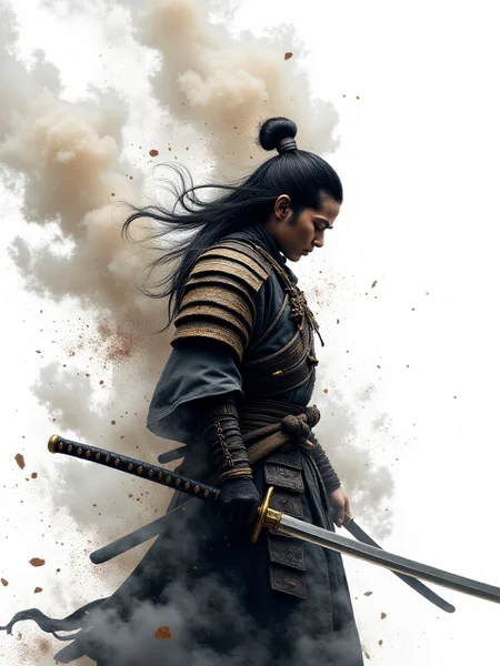 A stunning depiction of a samurai warrior wielding a katana, seamlessly blending form with reality. The scene glitches surreal elements with blurred dreams, set against a pure white background. Delicate threads of woven light fuse with soft, whispering shimmers, creating an eye-catching and masterful artwork. Drifting fog and cracked beams of light flow through a smokey haze, with floating threads that add to the ethereal atmosphere. The result is a dreamlike reality, where the warrior stands poised, embodying both strength and mystery in a surreal, otherworldly setting. aidmaimageupgrader, aidmaMJ6.1m, detailmaximizer, mythp0rt, ne0nfant4sy, drkfnts <lora:aidmaImageUpgrader-FLUX-V0.2:0.9> <lora:aidmaMJ6.1_aidmaMJ6.1-FLUX-v0.4:0.9> <lora:aesthetic2-cdo-0.5:0.7> <lora:v1v1dr34m:0.8>