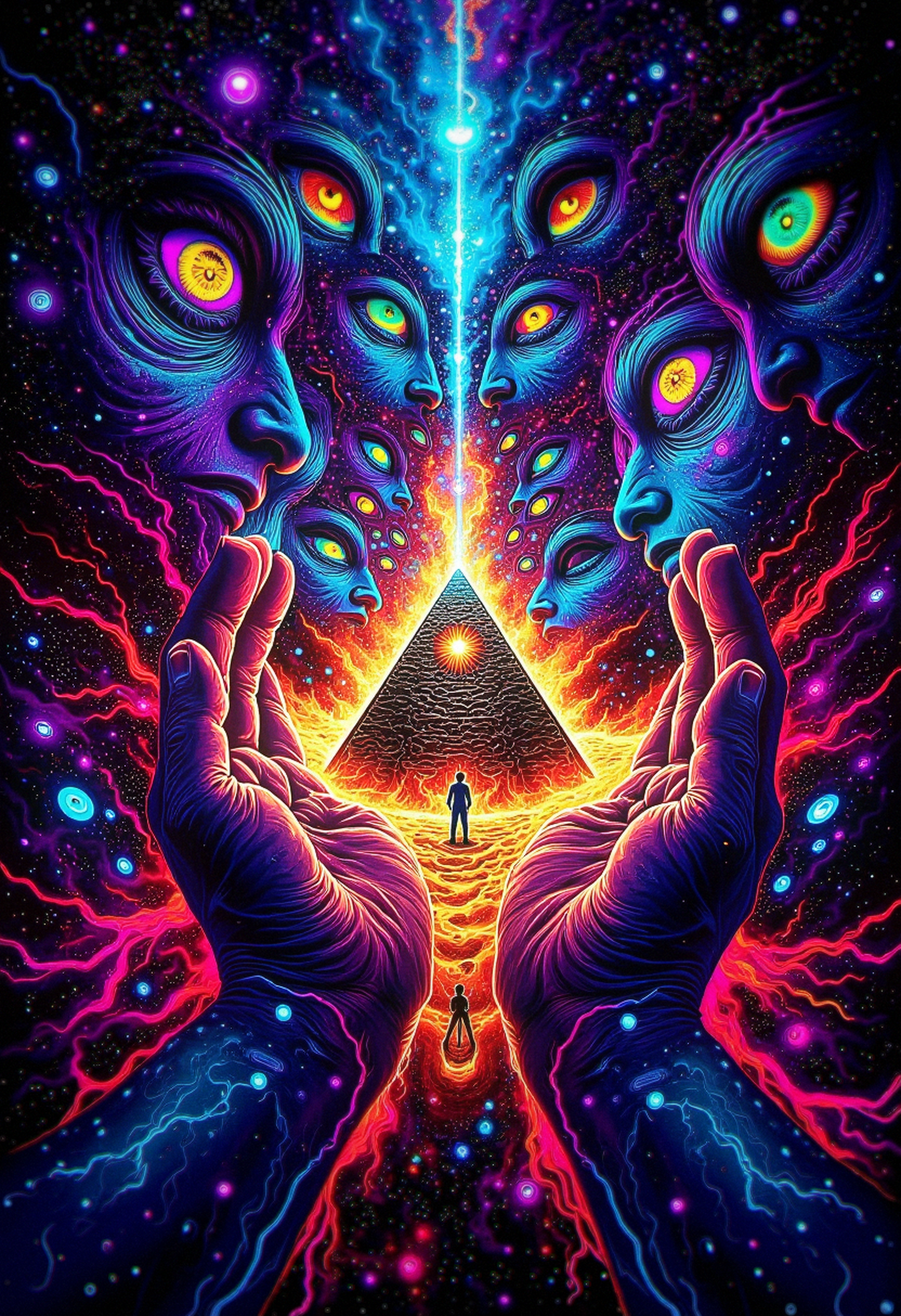 Multiple faces with eyes on hands, pyramid floating in a vortex, neon light trails, swirling galaxies, cosmic mist, (bo-psychedelic:1.5), (psychedelic surrealism:1.4), (faces:1.3), (eyes:1.4), (vortex:1.6), (cosmic:1.5), Alex Grey digital art.  , Kodak Vision3, <lora:Flux\boFLUX Psychedelic Surrealism v1.safetensors:1.0:1.0>