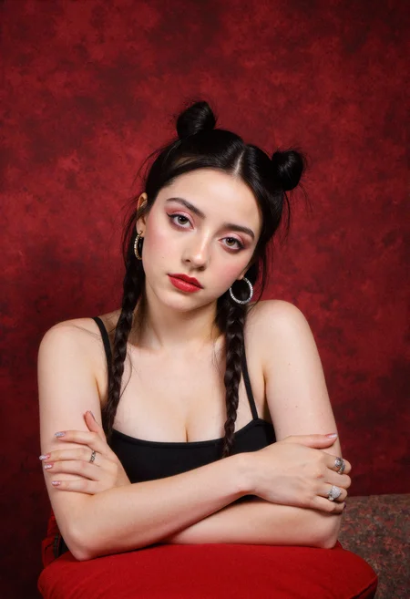A woman with her head tilted back and eyes looking at the viewer is positioned in the center of the frame against a textured red background. Her dark hair is styled in tight braids adorned with silver rings, and a few loose strands frame her forehead. She has a light complexion and is wearing purple eyeshadow, blush, and dark red lipstick. Her left ear is visible, adorned with a double silver hoop earring. She is wearing a thin black strap top. Her arms are crossed over her chest, with her right hand resting on her left arm. Her fingernails are painted with a silver glitter polish. The background is a mottled dark and light red, suggesting a textured wall or fabric. A portion of a red cushioned surface is visible in the lower left corner.