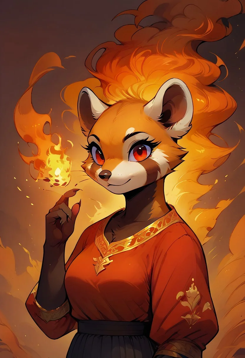 score_9, score_8_up, score_7_up, (4k quality, high resolution, additional details), m0use_goldie, 1girl, upper body, hand up, female red panda, anthro red panda, wizard, armor covering the entire body, red robe with a golden pattern, predatory fiery red eyes (detail), fiery eyes, glowing red eyes, (medium breast, natural breast), fiery aura, close up, portrait