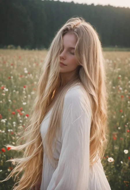 closeup portrait, amazing quality, masterpiece, best quality, awesome, inspiring, a woman with blonde very long hair over her face, clad in a white garment, sunset red flower meadow, cinematic composition, soft shadows,
atmospheric haze, Film grain, cinematic film still, shallow depth of field, highly detailed, high budget, cinemascope, moody, epic, OverallDetail, 2000s vintage RAW photo, photorealistic, candid camera, color graded cinematic, atmospheric lighting, imperfections, natural, shallow dof