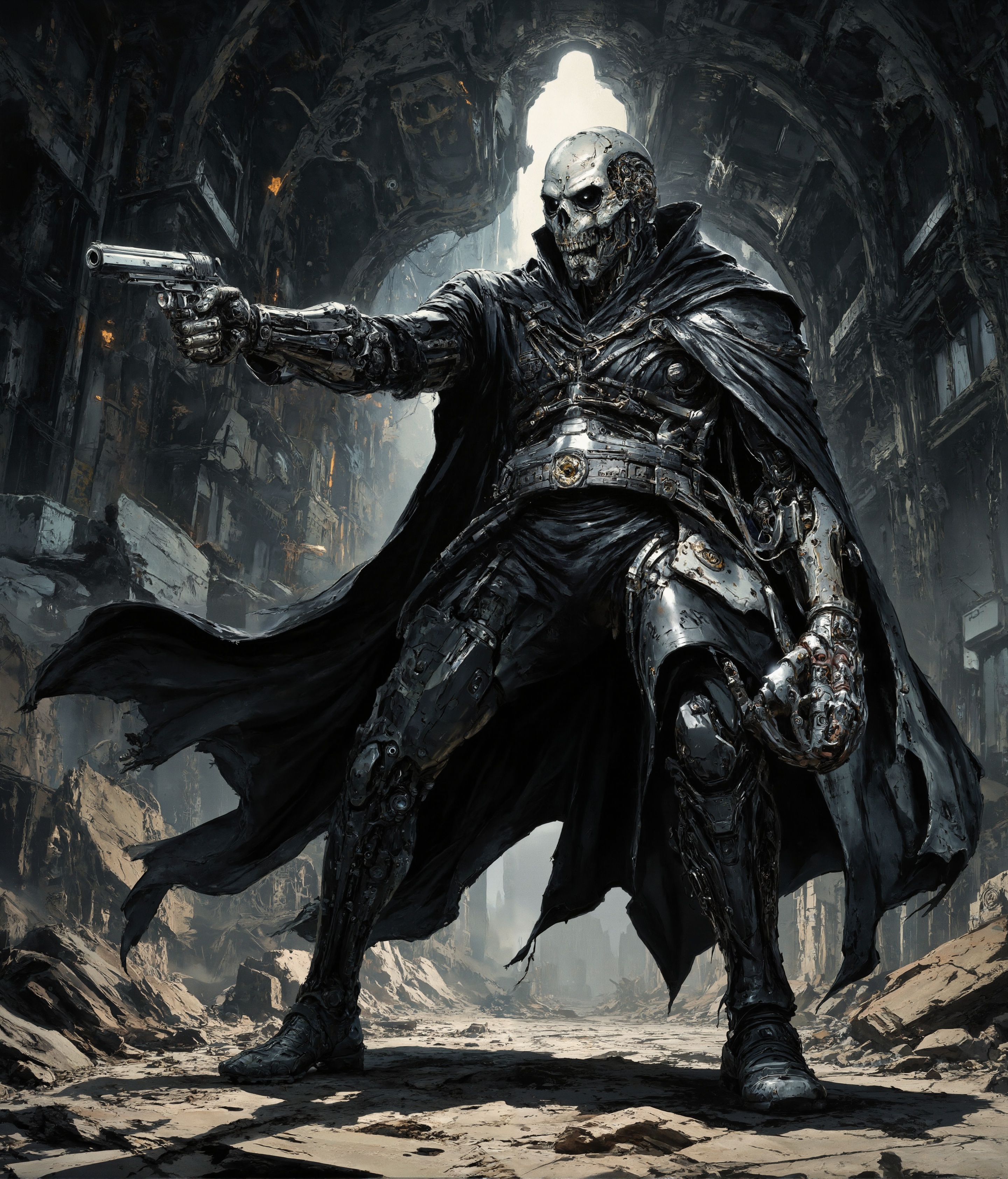 Create an image of a cybernetic humanoid assassin in a dark, dystopian setting. The figure should have a metallic skull with intricate mechanical details and a partially human-like appearance. It should be dressed in a long, black leather coat adorned with various cybernetic enhancements and accessories. (((The assassin is holding a futuristic pistol, aiming it with a cold, calculating expression at the camera))). The background should be dimly lit, emphasizing the assassin's menacing presence and highlighting the metallic and leather textures. The overall mood should be intense and foreboding, capturing the essence of a high-tech, dystopian world. (((detailed post-apocalyptic city background.)))