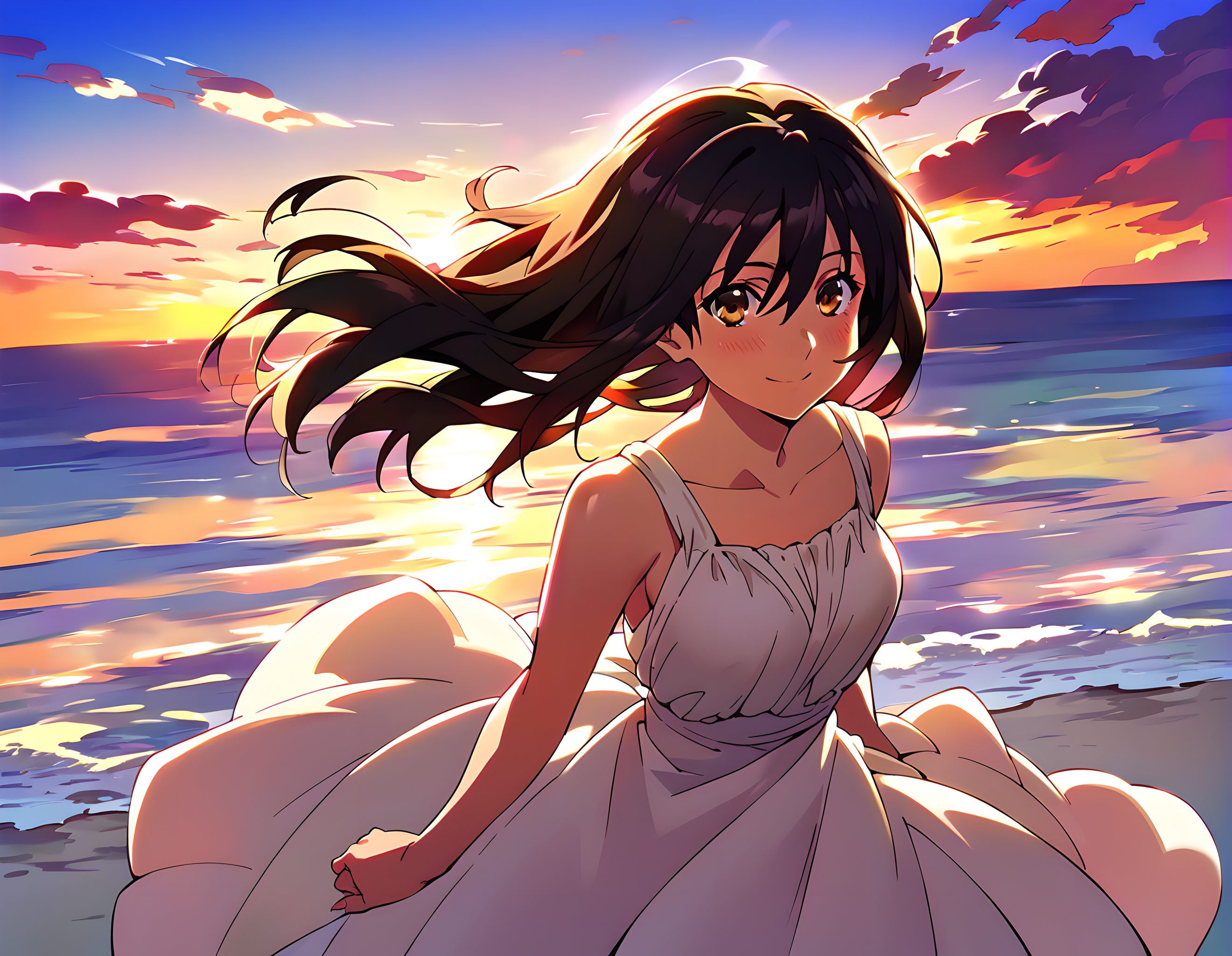 <lora:pony_xl_yukina:0.8>,yukina,score_9,score_8_up,score_7_up,source_anime,1girl,solo,on the beach,sunset,;d,kind_smile,shiny white dress,backlight,hair fluttering in the wind,light_blush,front view,
