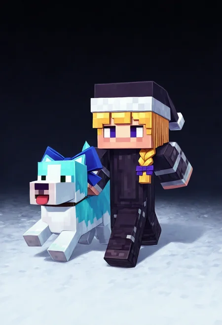 <lora:SDXL\Illustrious\ComfyUI_itercomp_00001_.safetensors:1.0:1.0> <lora:SDXL\Illustrious\minecraft filter [IL]_1.safetensors:1.6:1.0>minecraft filter,1girls,solo,marisa kirisame,padoru padoru,padoru ,black santa hat,black outfit,single side braid, blond hair, snowy background, [dog:cirno], BREAK dog with cirno face, dog with blue hair,[dog:cirno], BREAK Tsukumizu,(porforever:0.5),(rei \(sanbonzakura\):0.8),masterpiece, absurdres, aesthetic, best quality,[:dark theme:15]