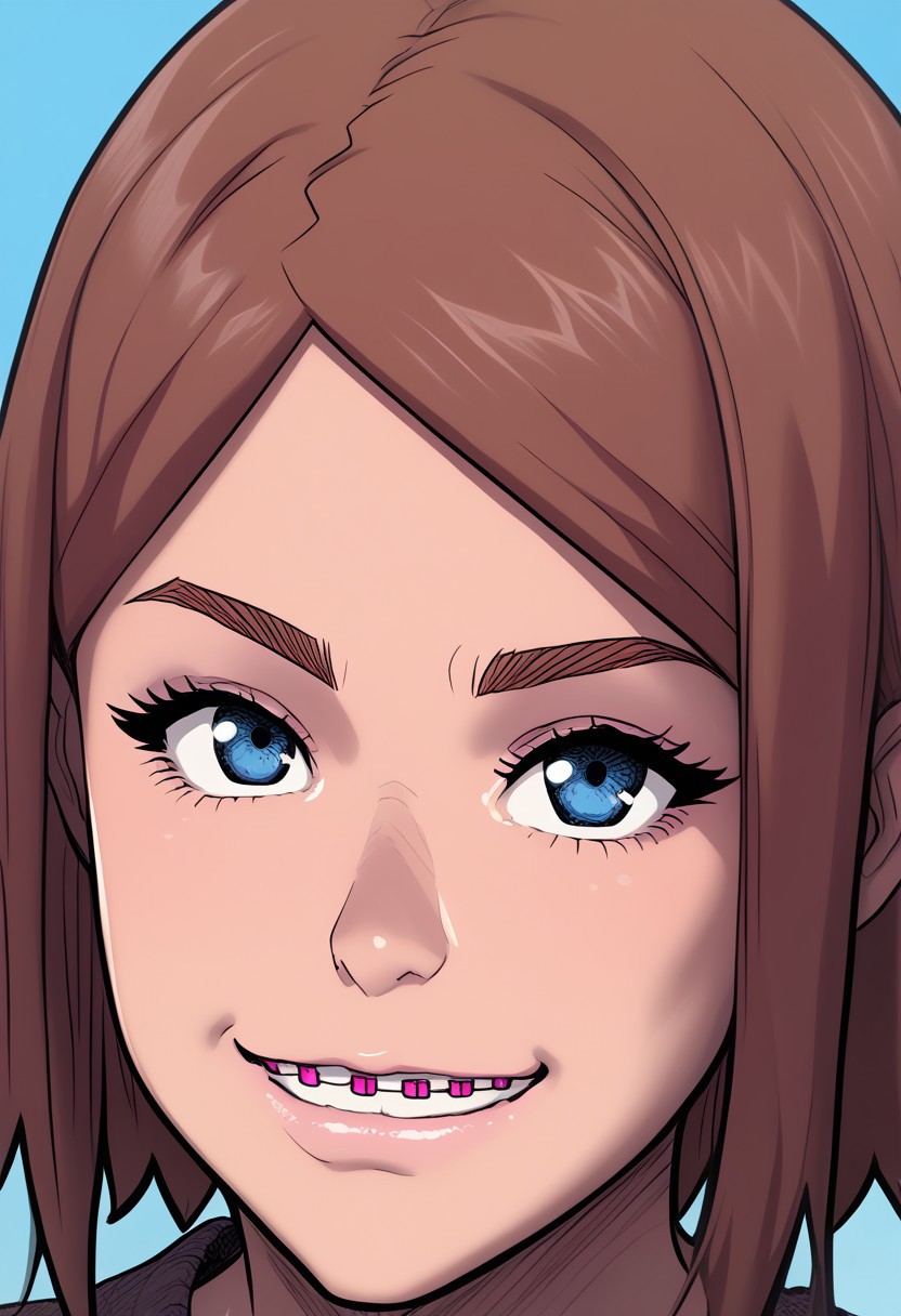 score_9, score_8_up, score_7_up, score_6_up, score_5_up, score_4_up, high quality, melkor_style, source_western, source_anime, _sidn3y_sw4nson_, 1girl, rating_unsafe, portrait, blue eyes, brown hair, looking at viewer, smirk, teeth, brac3s,
((mouth, teeth, braces, teeth braces, t3kuh0_br4c3s, pink braces))
