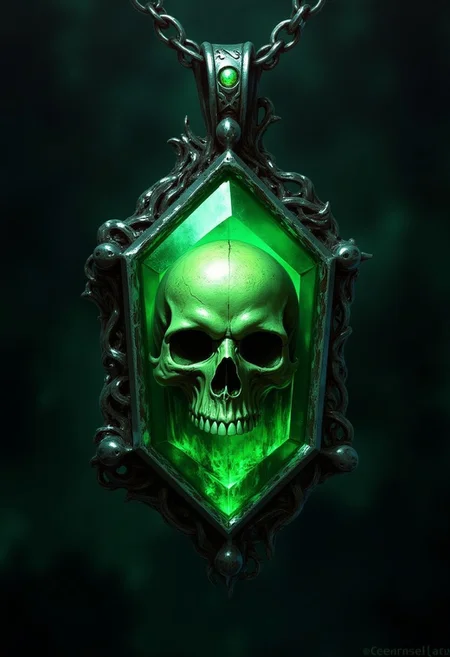 (score_9_up, score_8_up, score_7, score_6)Focus on  necklace with a big Green jewel, inside the gem a horror skull, anime