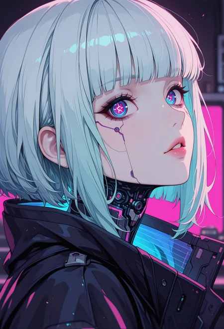 <lora:ck-nc-cyberpunk-IL-000011:0.25>,  masterpiece, best quality, good quality, very aesthetic, absurdres, newest, 8K, depth of field, focused subject, dynamic ange, side view, white pale ceramic wabi-sabi cyberpunk (woman:0.6), looking mysteriously at the viewer, parted lips, direct eye contact. holographic reflections of a (pentagram) in their eyes, (bioluminecent glow:0.8),
in the style of cknc,
<lora:MoriiMee_Gothic_Niji_Style_Illustrious_r1:0.5>
<lora:ck-neon-retrowave-IL:0.65>
<lora:ck-shadow-circuit-IL:0.65>