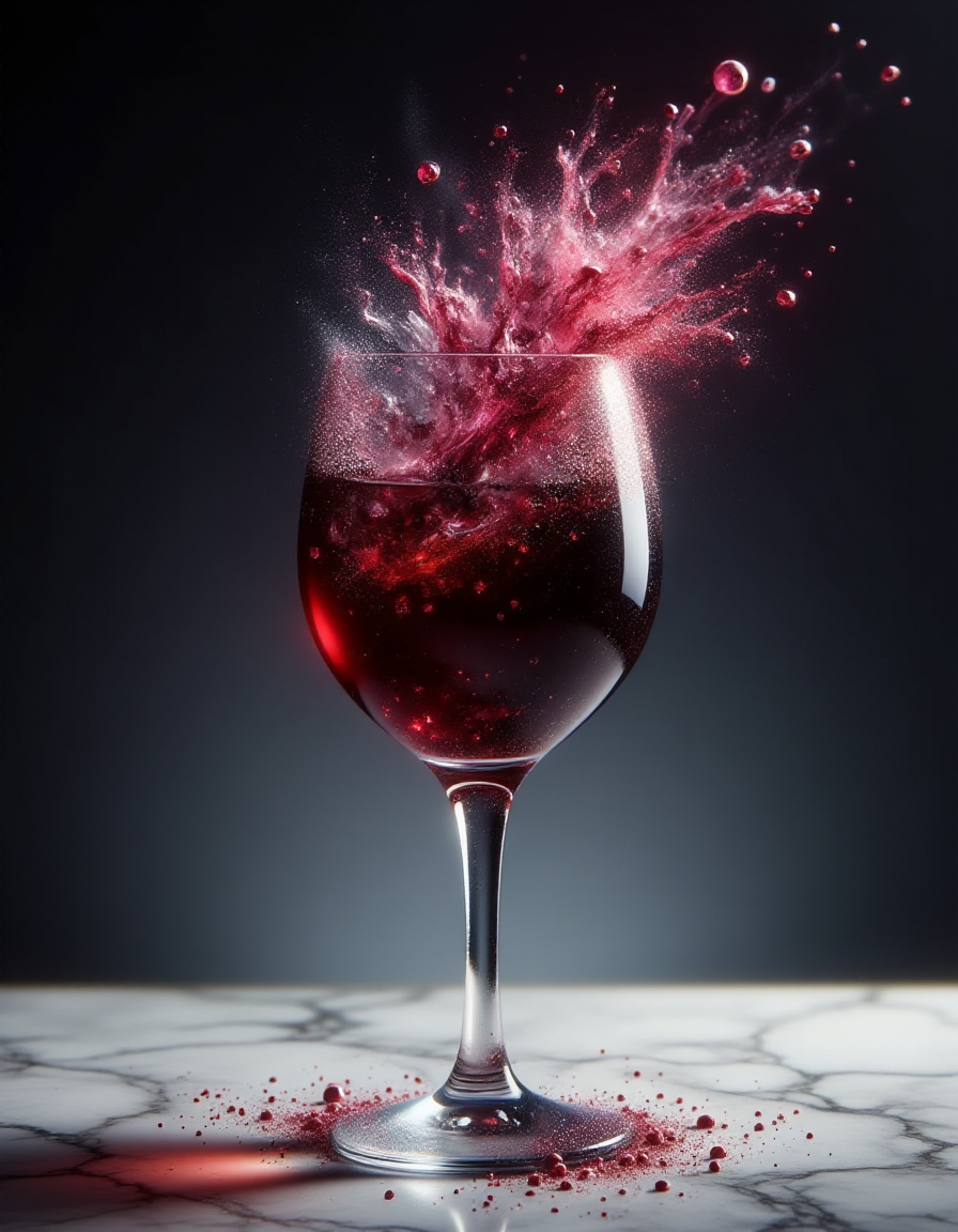 A delicate wine glass filled with rich red wine, placed on a marble countertop under studio-perfect lighting. The top of the glass begins to dissolve in a ral-dissolve effect into glittering shards of glass and ruby-red droplets, which catch the HDR light in vivid, reflective patterns. The marble surface mirrors the glowing particles, adding depth and realism to the scene.
 <lora:ral-dissolve-flux_000005000:1>