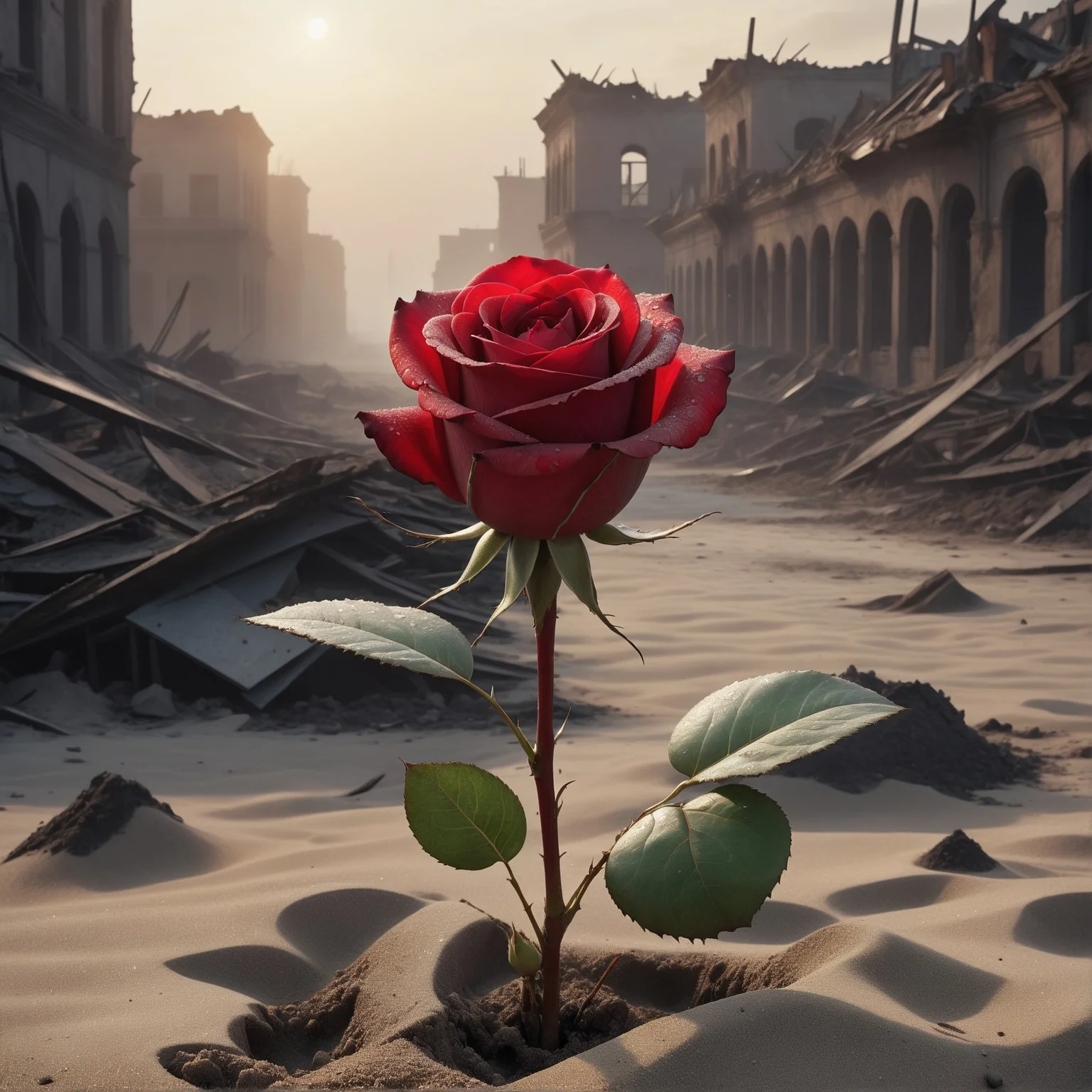 a beautiful single red rose sprouting in the middle of a deserted destroyed city covered in debris and sand, dawndrops, dawn, subtle sunlight, fog, nature, realism, hyperrealism, fine details