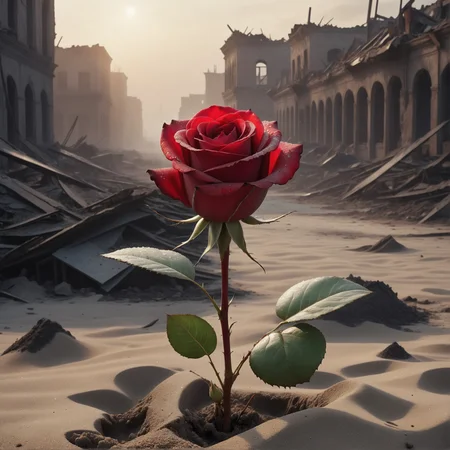 a beautiful single red rose sprouting in the middle of a deserted destroyed city covered in debris and sand, dawndrops, dawn, subtle sunlight, fog, nature, realism, hyperrealism, fine details