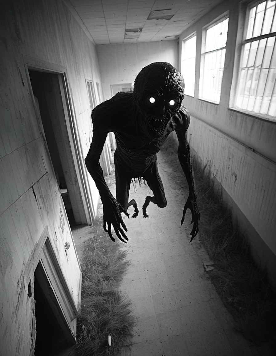 horrorcctvlora, abandoned building, horror (theme, monster sneaking, monochrome, dutch angle