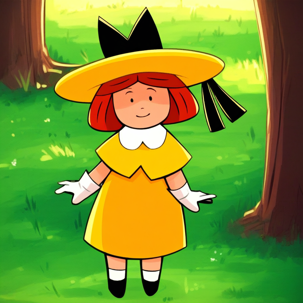 score_9, solo, madeline_fg, hat, red hair, gloves, yellow dress, cute, tree, grass, natural lighting