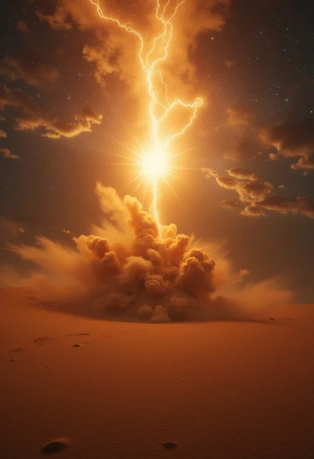 a desert masterpiece photo, sand storm blows up sand, apocalyptic setting, (a huge supernova light flare) in the sky