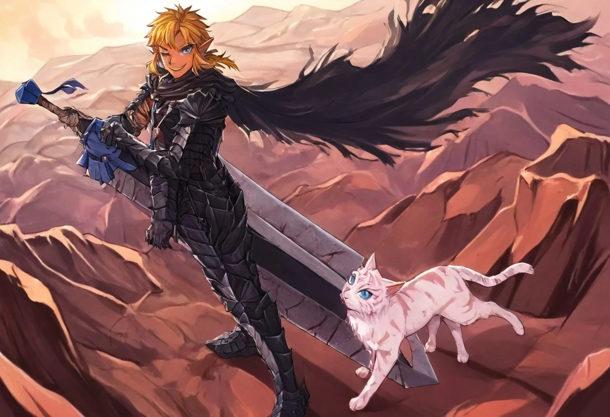 masterpiece, very aesthetic, anime screenshot, 1girl, Pink_PonyXL, DragonSlayerSword-Il.V1.0, black armor, shoulder armor, gauntlets, greaves, bandaged arm, black cape, torn cape, bright pink hair, cat ears, scar on nose, cat bell around neck, tanned, white tiger tail, small breasts, femine body, smiling, making a cute cat face, single fanged tooth showing, standing, looking at viewer, side view, wielding-dragonslayer, huge weapon, sword, holding sword, holding weapon, full body, zoomed in on pink_ponyxl, Dutch angle, cowboy shot
Break
Break 1boy,Anime screencap,link (zelda),blonde hair,blue eyes,pointy ears, low ponytail, sidelocks, wearing blue hyilian tunic, fawning over pink_ponxl
Break
City of hyrule on fire, at night