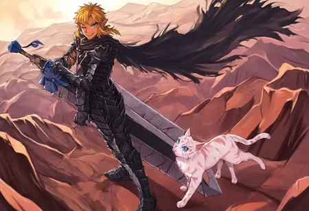 masterpiece, very aesthetic, anime screenshot, 1girl, Pink_PonyXL, DragonSlayerSword-Il.V1.0, black armor, shoulder armor, gauntlets, greaves, bandaged arm, black cape, torn cape, bright pink hair, cat ears, scar on nose, cat bell around neck, tanned, white tiger tail, small breasts, femine body, smiling, making a cute cat face, single fanged tooth showing, standing, looking at viewer, side view, wielding-dragonslayer, huge weapon, sword, holding sword, holding weapon, full body, zoomed in on pink_ponyxl, Dutch angle, cowboy shot
Break
Break 1boy,Anime screencap,link (zelda),blonde hair,blue eyes,pointy ears, low ponytail, sidelocks, wearing blue hyilian tunic, fawning over pink_ponxl
Break
City of hyrule on fire, at night