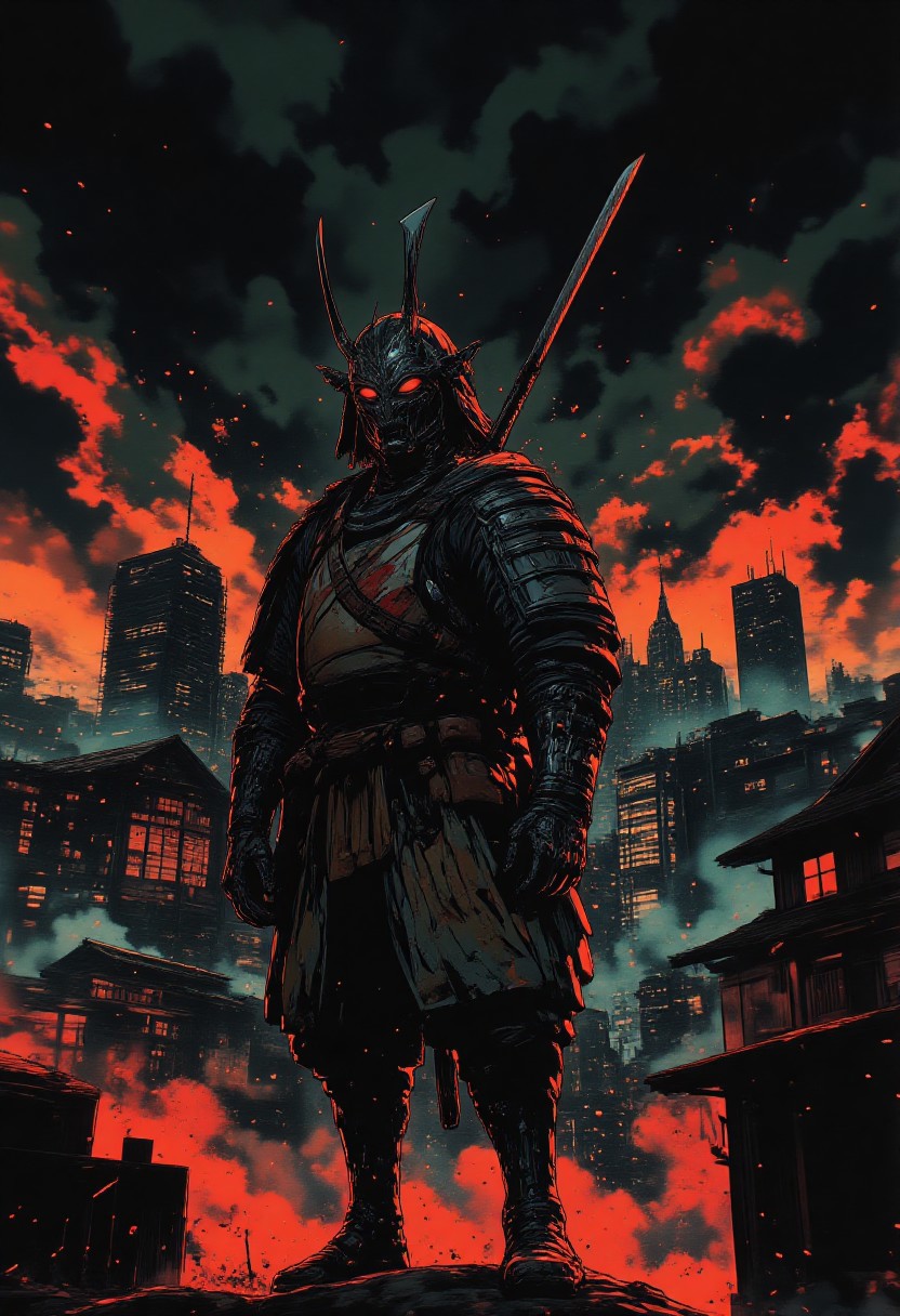 futuristic armor, in a dark futuristic style.The Last Ronin. He appears as a battle-hardened warrior, with scars and a tired but determined look. He wears heavy, battered armor, and crossed katanas behind his back. Thick smoke swirls around it, creating an atmosphere of mystery and tension. In the distance, a neon city can be seen on the horizon, illuminating the dark night and adding a futuristic contrast to its image