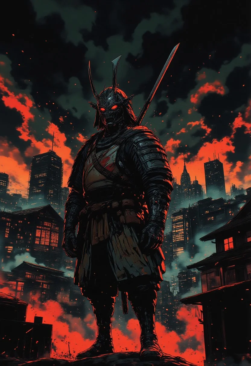 futuristic armor, in a dark futuristic style.The Last Ronin. He appears as a battle-hardened warrior, with scars and a tired but determined look. He wears heavy, battered armor, and crossed katanas behind his back. Thick smoke swirls around it, creating an atmosphere of mystery and tension. In the distance, a neon city can be seen on the horizon, illuminating the dark night and adding a futuristic contrast to its image