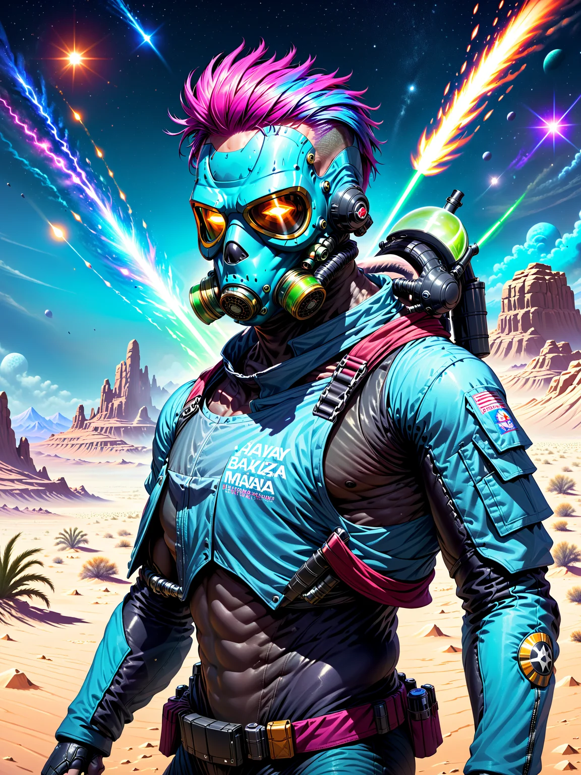 ((large title text)),(scifi book cover, art <lora:stylesqueeze_v2_xl:1>), a [cyborg terminator|shirtless] man, wearing a gas mask, in a desert, colorful hair, perfect face, (side view), [nice thighs::0.2], night time, starry night, galaxies and cosmos, magic explosions in background, cool atmosphere, 8k, uhd, absurdres, prominent outline linework, flat colors