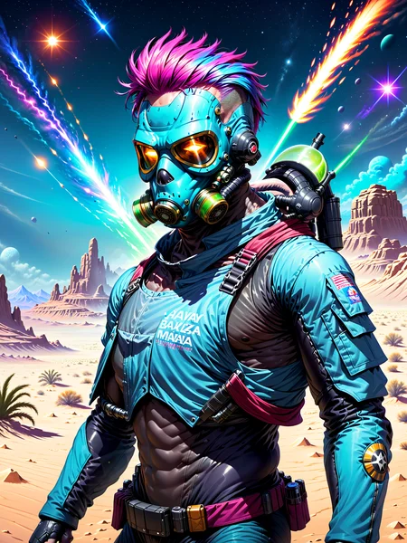 ((large title text)),(scifi book cover, art <lora:stylesqueeze_v2_xl:1>), a [cyborg terminator|shirtless] man, wearing a gas mask, in a desert, colorful hair, perfect face, (side view), [nice thighs::0.2], night time, starry night, galaxies and cosmos, magic explosions in background, cool atmosphere, 8k, uhd, absurdres, prominent outline linework, flat colors