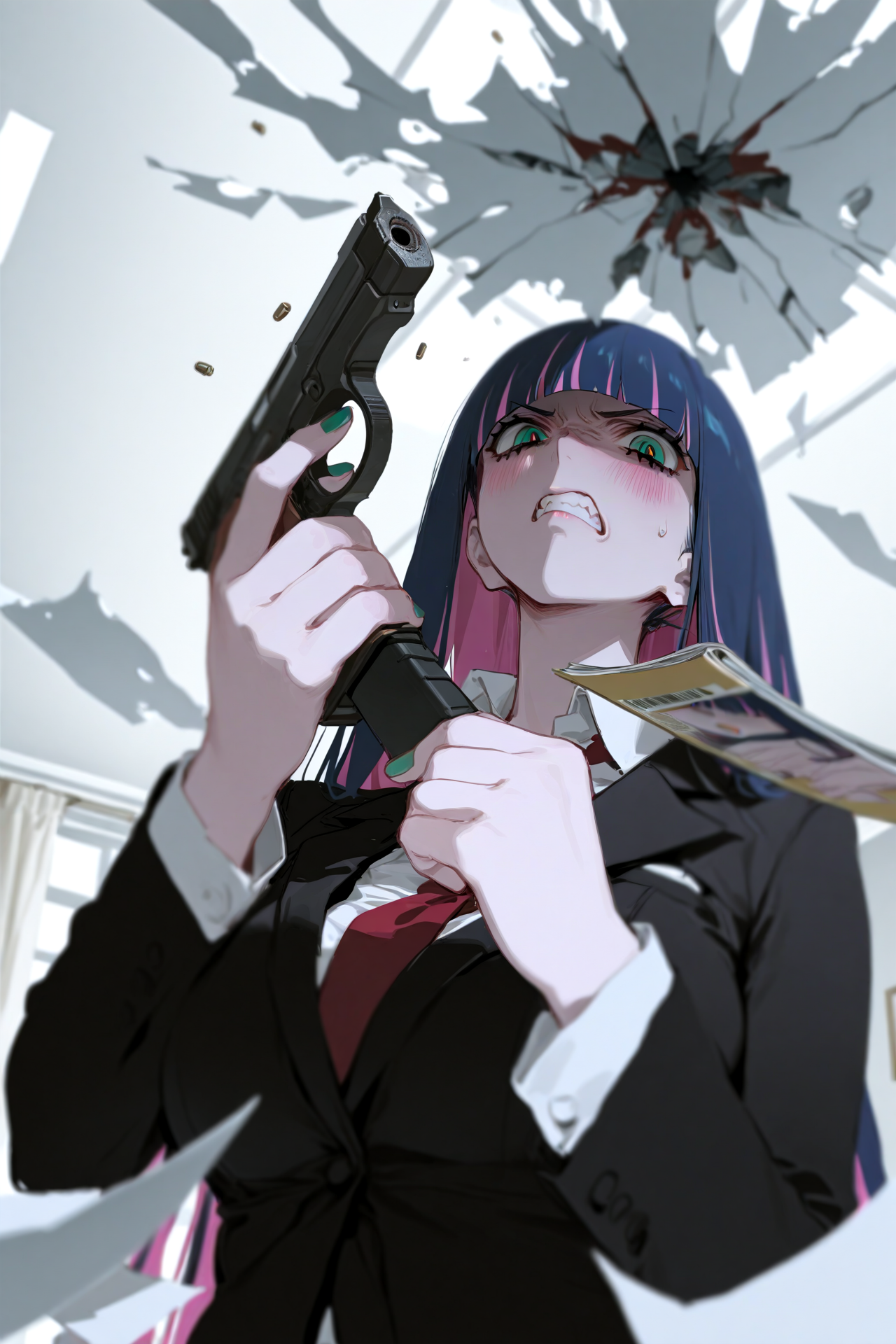 1girl,solo,stocking \(psg\),green eyes,long hair,blunt bangs,large breasts,blush,holding pistol,holding weapon,pistol,(reloading),(holding magazine \(weapon\)),(pushing magazine into pistol),angry,black suit,white shirt,red necktie,looking at viewer,indoors,broken window,floating paper,messy room,ceiling,ceiling light,green nails,

7481llu,sketch,usnr,(houkisei:0.5),(umehara sei:0.5),depth of field,volume lighting,upper body,

masterpiece,best quality,amazing quality,very aesthetic,