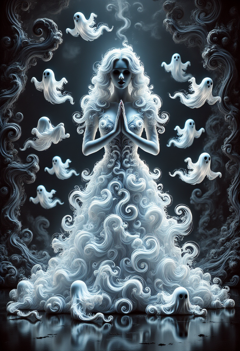 aidmafluxpro1.1, 
A pale woman is wearing a glowing dress made of ghosts. she has a pale skin, detailed blue eyes and red lipstick. She's praying to the idol of a dark cult. The scene is set in a dark twisted forest where swirly ghosts are flying around here.
masterpiece, best quality