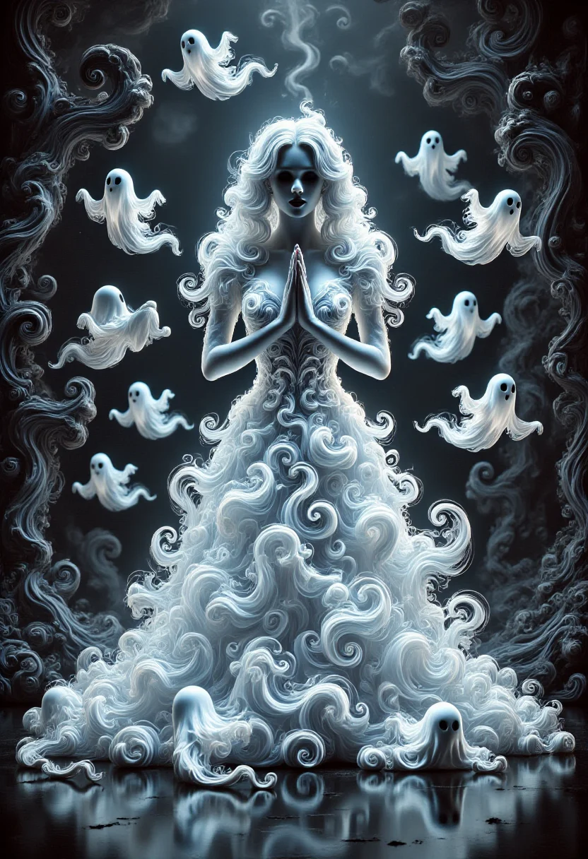 aidmafluxpro1.1, 
A pale woman is wearing a glowing dress made of ghosts. she has a pale skin, detailed blue eyes and red lipstick. She's praying to the idol of a dark cult. The scene is set in a dark twisted forest where swirly ghosts are flying around here.
masterpiece, best quality