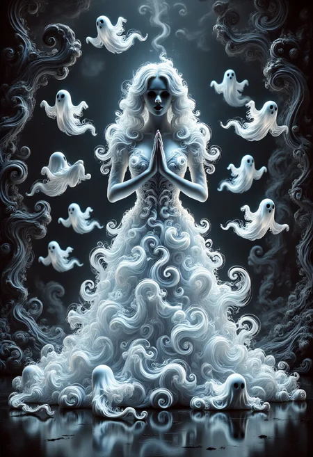 aidmafluxpro1.1,
A pale woman is wearing a glowing dress made of ghosts. she has a pale skin, detailed blue eyes and red lipstick. She's praying to the idol of a dark cult. The scene is set in a dark twisted forest where swirly ghosts are flying around here.
masterpiece, best quality