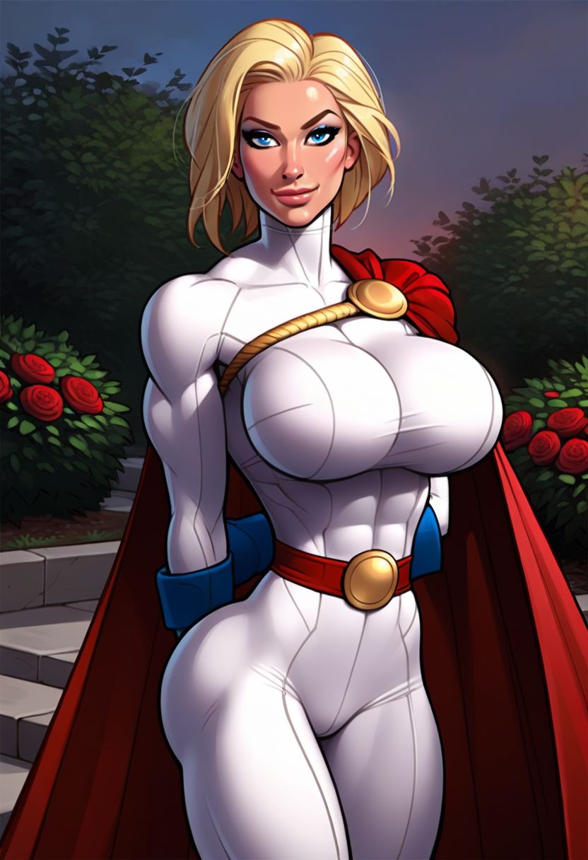 1girl, solo, powergirl-8100, blue eyes, garden,, cartoon, closed mouth, , perfect face, cape, arms behind back, turtleneck, gigantic tits, hips,, busty, makeup, hourglass figure, thick thighs, voluptuous , upper body portrait , super hero suit, bimbo
BREAK
score_9, score_8_up, score_7_up, score_6_up, source_cartoon, rating_explicit <lora:officialpit_style_v11:0.8> smirking