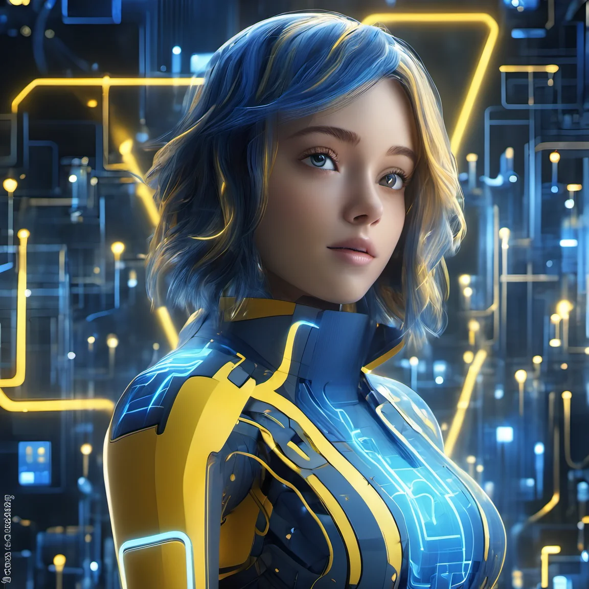 iccircuitart,blue and yellow theme<lora:iccircuitart:1>, portrait of a CGI animation character, magical background, bright natural lighing, backlighting, professional studio quality, looking at camera, large round cute detailed eyes, detailed, cute, adorable, intricately detailed, fantasy art, digital painting