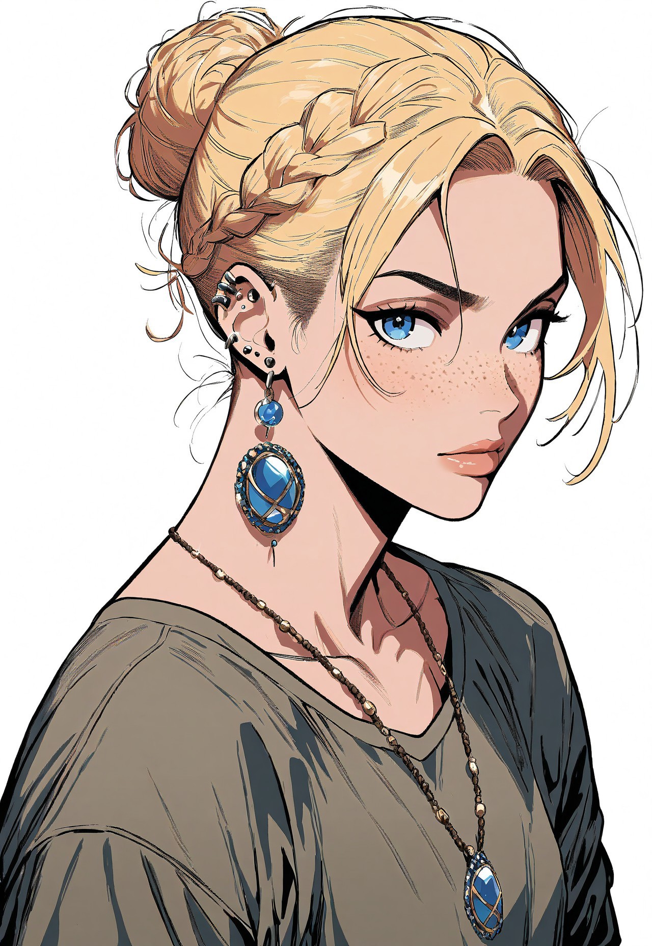 masterpiece, high score, great score, absurdres, SUP3RH3R0 Style, tattoo, solo, neck tattoo, jewelry, earrings, braid, piercing, blue eyes, looking at viewer, hair bun, ear piercing, blonde hair, freckles, single hair bun, simple background, upper body, shirt, 1boy, white background, male focus, necklace, closed mouth, 1girl, comic art style