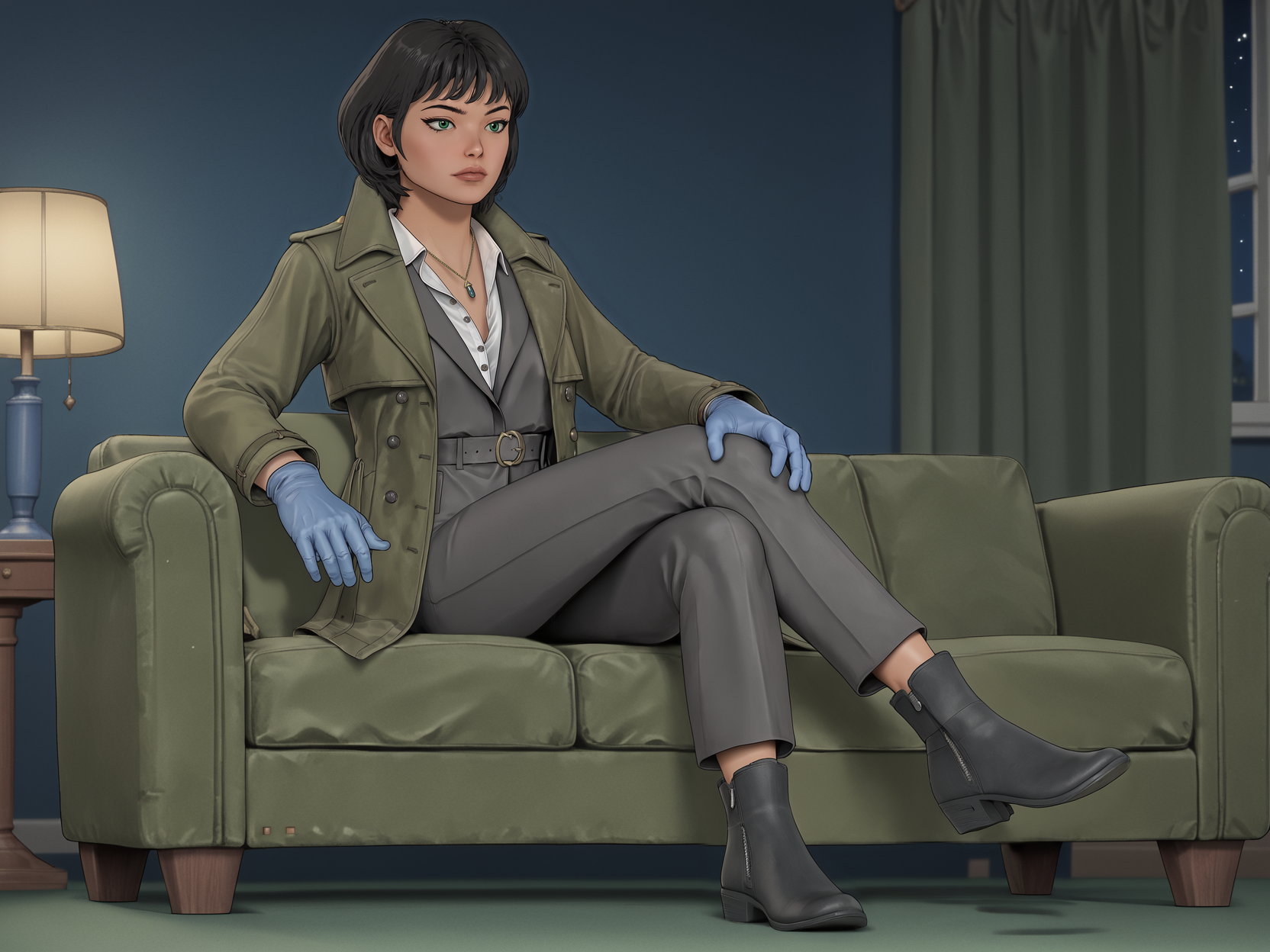 score_7_up, score_8_up, score_9_up, rating_safe, BREAK pd3_joy, 1girl, solo, gloves, jewelry, green eyes, necklace, trench coat, pants, blue gloves, arms, black hair, vest, shirt, black footwear, short hair, belt, boots, (crossed legs,hand shaping fist, holding fist, leaning back, leaning on couch, sitting on a couch watching television, looking at viewer, raised eyebrow:1.3) <lora:Retro_Anime_Flat_Colors:0.7>,  <lora:PAYDAY_3_-_Joy_Pony:1>