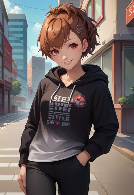 score_9, score_8_up, score_7_up, source_anime, solo, 1girl, shiomi kotone, smile, looking at viewer, hand in pocket, hairclip, black hoodie, black pants, outdoors, city street <lora:persona3_shiomi_ponyXL:1>