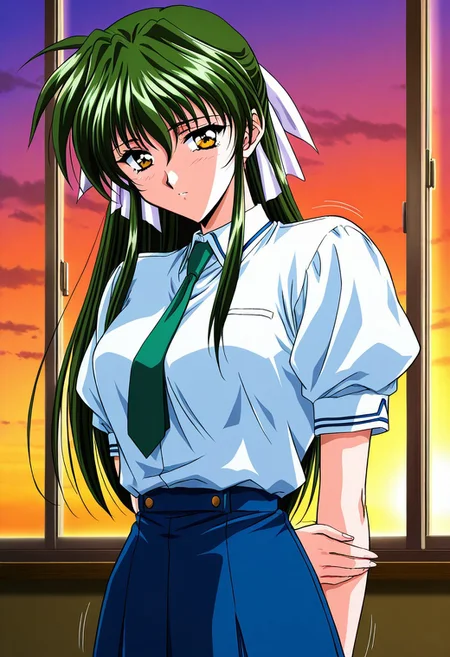 general,highres, ultra-detailed,very aesthetic,best quality ,best hands,masterpiece, best quality, newest, highres, score_9, score_8_up, score_7_up, source_anime, rating_explicit,1girl, yokota mamoru style,motion lines,,Very straight nose,slim,slender face,perfect nose,1990s (style)
Sendou Hitomi, Green Hair, Sidehair, Waist Length Hair,Amber Eyes,Necktie, Ribbon Hair Tie
anime screencap,
window, sunset, short sleeves, school uniform, puffy sleeves, puffy short sleeves, breasts, arms behind back, indoors