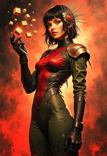 A striking portrait of a futuristic and elegant woman, standing confidently against a smoky, glowing background of warm reds and oranges looking at the viewer. Her outfit is a form-fitting bodysuit with a dual-toned design: deep red and olive green, accented with subtle golden ruffles on her shoulders and hips. The fabric is smooth and detailed, hugging her figure while exuding both elegance and a touch of avant-garde fashion. Her left arm is adorned with matching long gloves, emphasizing her poised and composed stance. Her hairstyle is bold and asymmetrical, featuring short, sleek black hair with a partially shaved side that reveals intricate geometric patterns. She wears an elaborate, angular headpiece that fans out like a futuristic crown, made of thin metallic rods in gold and bronze tones, with dangling ribbons adding a touch of delicacy. Her makeup is dramatic, with dark eyeliner and hints of red around her eyes, complemented by a soft, glossy lip color. She is depicted mid-action, her hand gracefully raised as if summoning or manipulating small, glowing, golden dice that float effortlessly in the air. The dice have intricate runic engravings that catch the light, giving them a mystical and futuristic feel. The background is rich with smoky textures and glowing, diffused light, enhancing the warm tones of the scene and creating a dramatic, cinematic atmosphere.