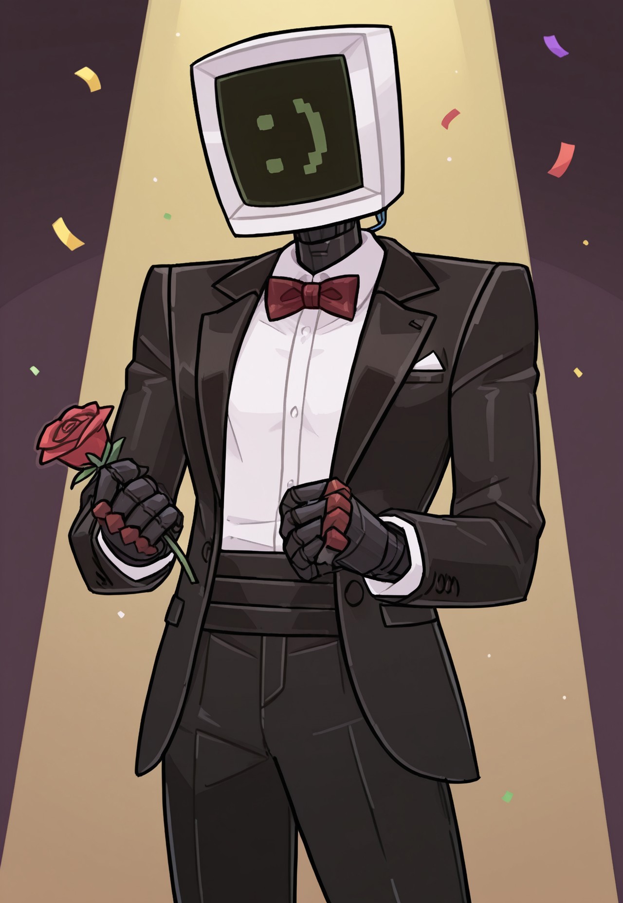 ,  solo, masterpiece, detailed, uwa, huge filesize, ultra hd, best quality, male focus, (absurdres, highres),
1boy, Calculester_Hewlett_Packard, robot, computer head, <3 face, standing, black suit, white shirt, open jacket, red bowtie, black pants, handing rose to viewer, confetti, spotlight