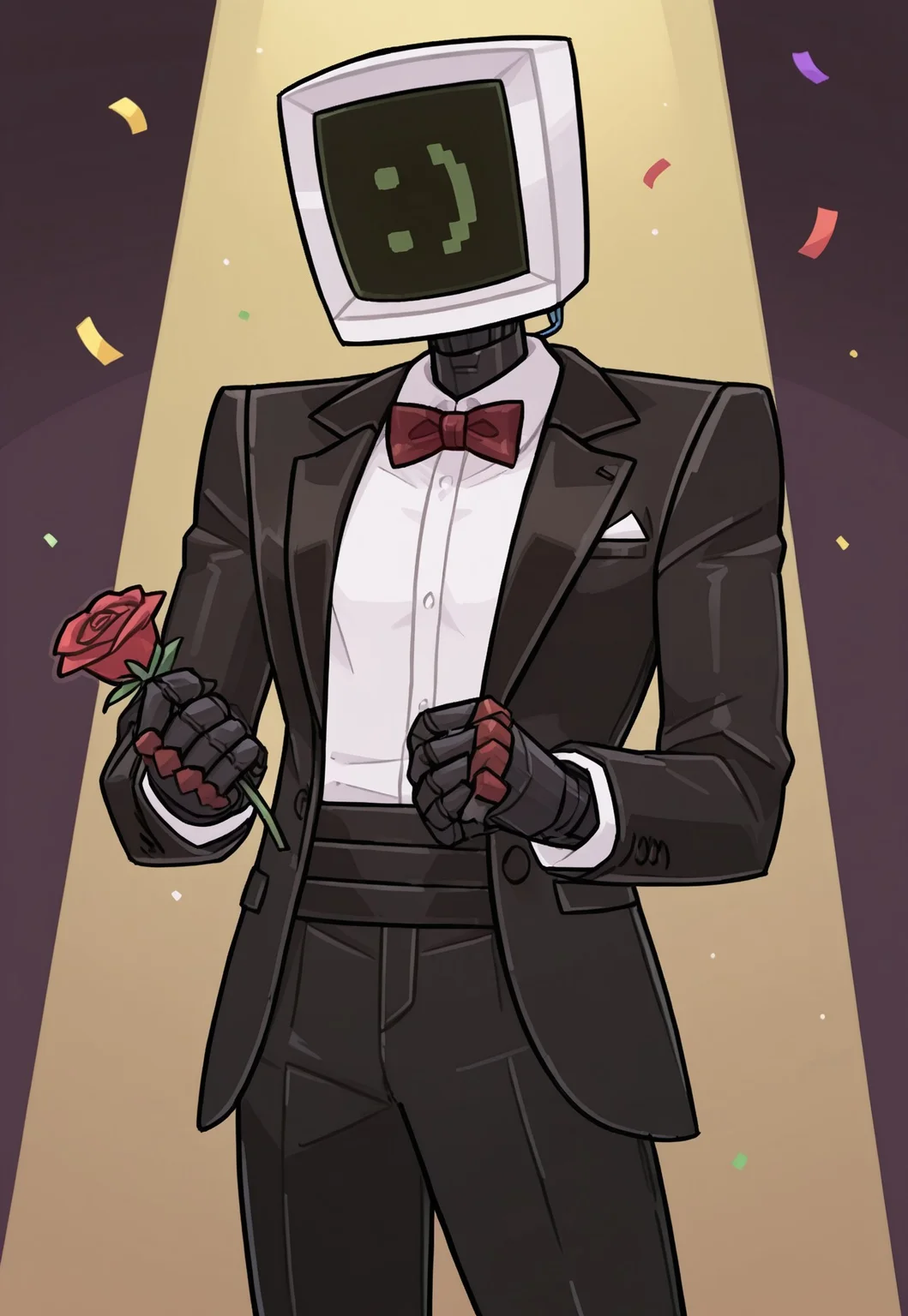 , solo, masterpiece, detailed, uwa, huge filesize, ultra hd, best quality, male focus, (absurdres, highres),
1boy, Calculester_Hewlett_Packard, robot, computer head, <3 face, standing, black suit, white shirt, open jacket, red bowtie, black pants, handing rose to viewer, confetti, spotlight