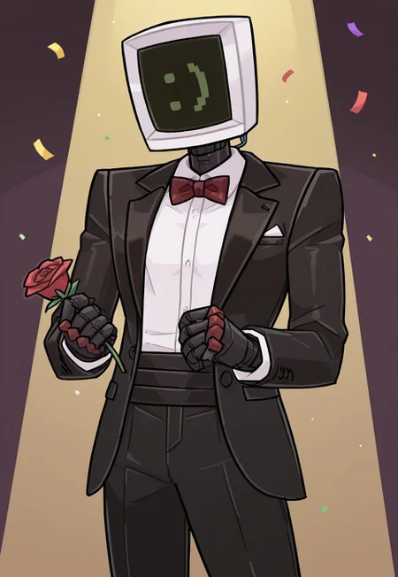 , solo, masterpiece, detailed, uwa, huge filesize, ultra hd, best quality, male focus, (absurdres, highres),
1boy, Calculester_Hewlett_Packard, robot, computer head, <3 face, standing, black suit, white shirt, open jacket, red bowtie, black pants, handing rose to viewer, confetti, spotlight