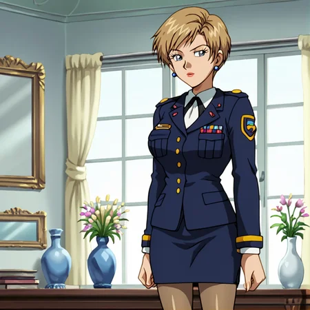 score_9, score_8_up, score_7_up, score_6_up, score_5_up, score_4_up, BREAK, <lora:Topazsonicx:0.7>, topazsonicx, 1girl, solo, skirt, blonde hair, long sleeves, jewelry, standing, flower, pantyhose, earrings, indoors, uniform, military, military uniform, makeup, pencil skirt, retro artstyle, 1990s \(style\), vase, brown hair, short hair, blue eyes, lipstick <lora:shexyo style xl:0.6>, <lora:CoffeLove68_Artstyle:0.6>, large breasts