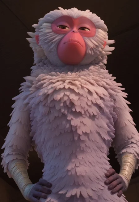 1girl, furry, female japanese macaque, ape, primate girl, anthro, white fur, dark pink skin, pink ears, brown eyes, grey hands, grey feet, Expressiveh, realistic, 3d, score_8_up, score_7_up, BREAK, 1girl, solo, looking at viewer, cute, from below, hands on hips, head tilt, female focus, looking at viewer, detailed background, 4k, masterpiece, best quality, highly detailed, realistic, low-angle shot, smug, smiling