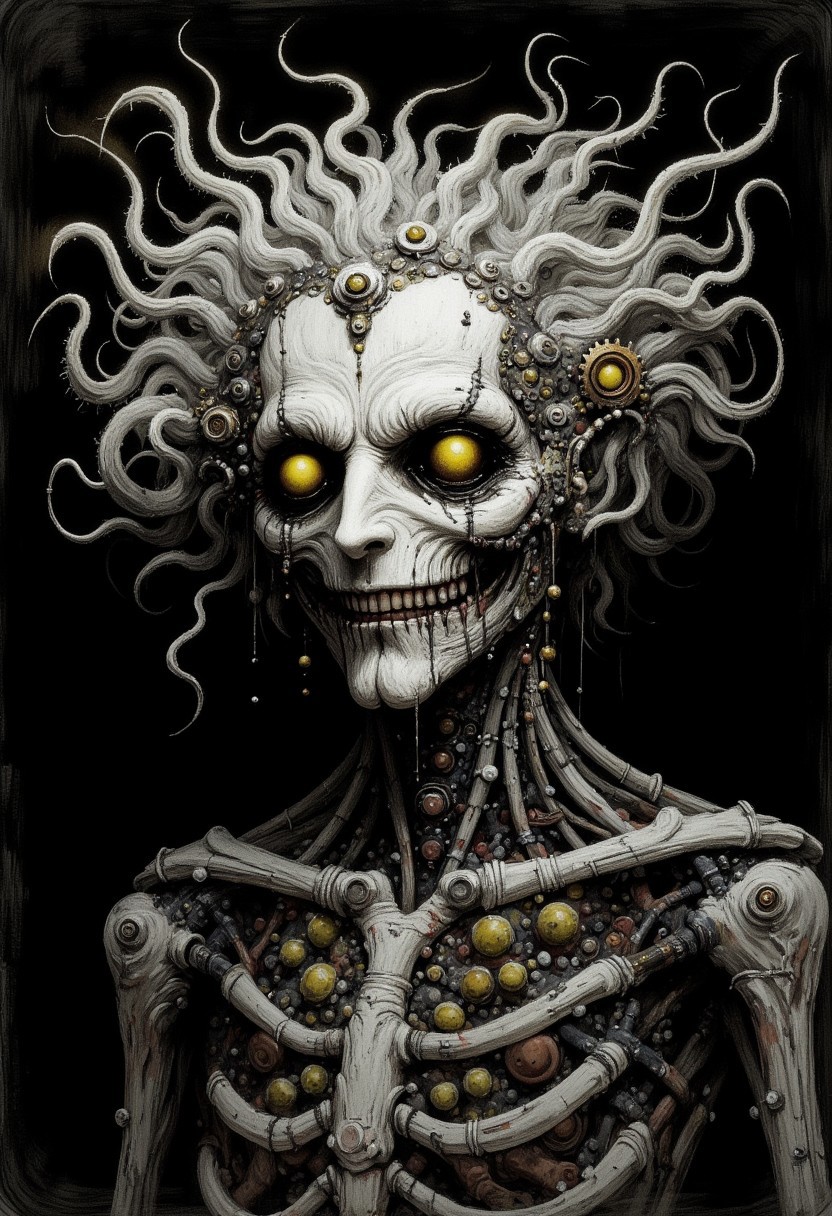skeletal humanoid with a mechanical, steampunk aesthetic. The figure has a pale, almost ghostly complexion and yellow, glowing eyes. Its head is adorned with intricate, swirling gears and mechanical parts, giving it a cybernetic appearance. The character's curly, white hair is also mechanized, with gears and cogs embedded. 