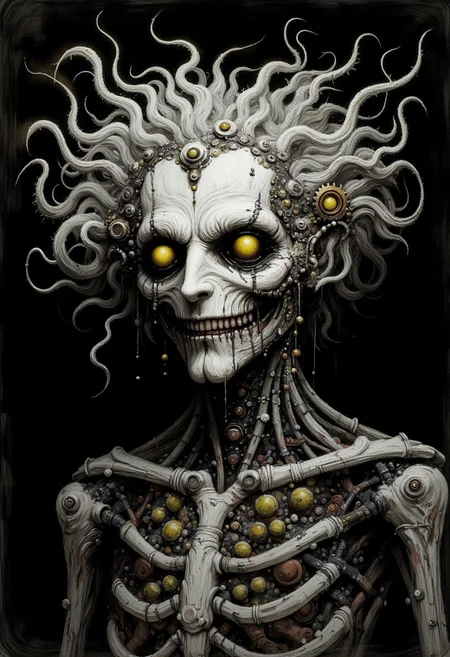skeletal humanoid with a mechanical, steampunk aesthetic. The figure has a pale, almost ghostly complexion and yellow, glowing eyes. Its head is adorned with intricate, swirling gears and mechanical parts, giving it a cybernetic appearance. The character's curly, white hair is also mechanized, with gears and cogs embedded.
