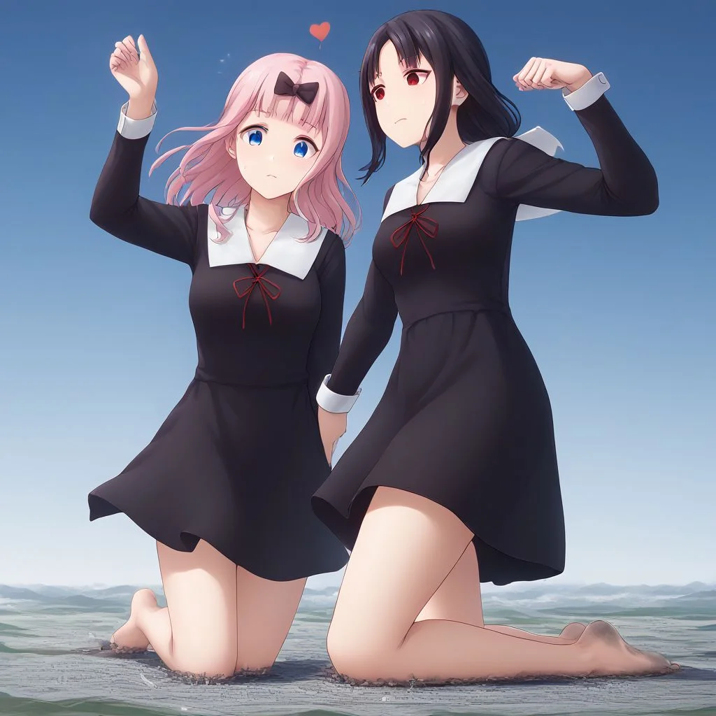 score_9, score_8_up, score_7_up, score_6_up, macro, giantess,( 2girls:1.5),
(chika fujiwara, long hair, bangs, blue eyes, bow, pink hair, hair bow, blunt bangs, black bow, long sleeves, dress, ribbon, school uniform, collarbone, black dress, sailor collar, white sailor collar, red ribbon, neck ribbon, shuuchiin academy school uniform, bare legs, barefoot, looking down:1.3),
(kaguya shinomiya, short hair, bangs, black hair, red eyes, hair ribbon, sidelocks, folded ponytail, parted bangs, long sleeves, dress, ribbon, school uniform, collarbone, black dress, sailor collar, white sailor collar, red ribbon, neck ribbon, shuuchiin academy school uniform, bare legs, barefoot:1.3)
(cute female, love:1.5), (shy:1.2), (curious:1.2), blushing, happy, 2girls, perfect feet, feet, looking down, long fingernails, long toenails, sweat, sweaty, very sweaty, (dirty feet, floating hearts:1.3), (gyaruv, jumping, dancing:1.3),
extreme detail, realistic, realism, masterpiece, perfect lighting, bloom, cinematic lighting, highres, (ultra realistic, 32k, masterpiece:1.2), (high detailed skin:1.1), (high quality:1.1), bokeh, luminescent background, foreshortening, depth of field,
sunny blue sky background, destruction, landscape dwarfing, cities, landscape, mass destruction, trail of destruction,