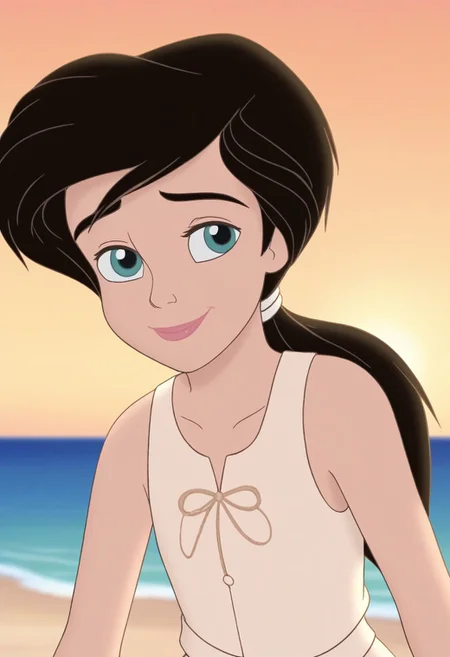close up,melody,aqua eyes,thick eyebrowns,soft smile,closed mouth,pink lips,black hair,ponytail,white hairband,arms down,green undershirt,sleeveless,sea,yellow sunrise beach background