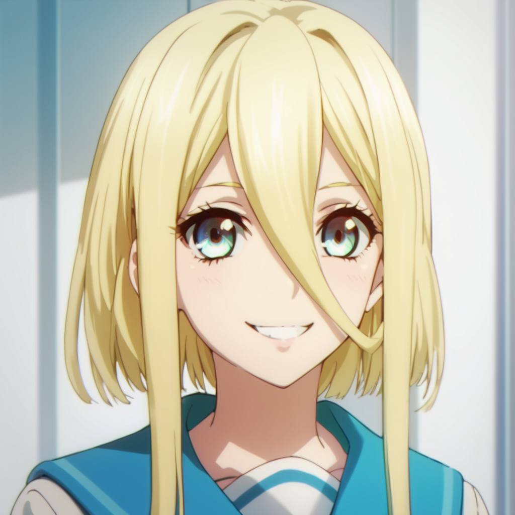 score_9, score_8_up, score_7_up, score_6_up, score_5_up, score_4_up, source_anime,  Avrora, blonde hair, , school uniform, portrait, smile