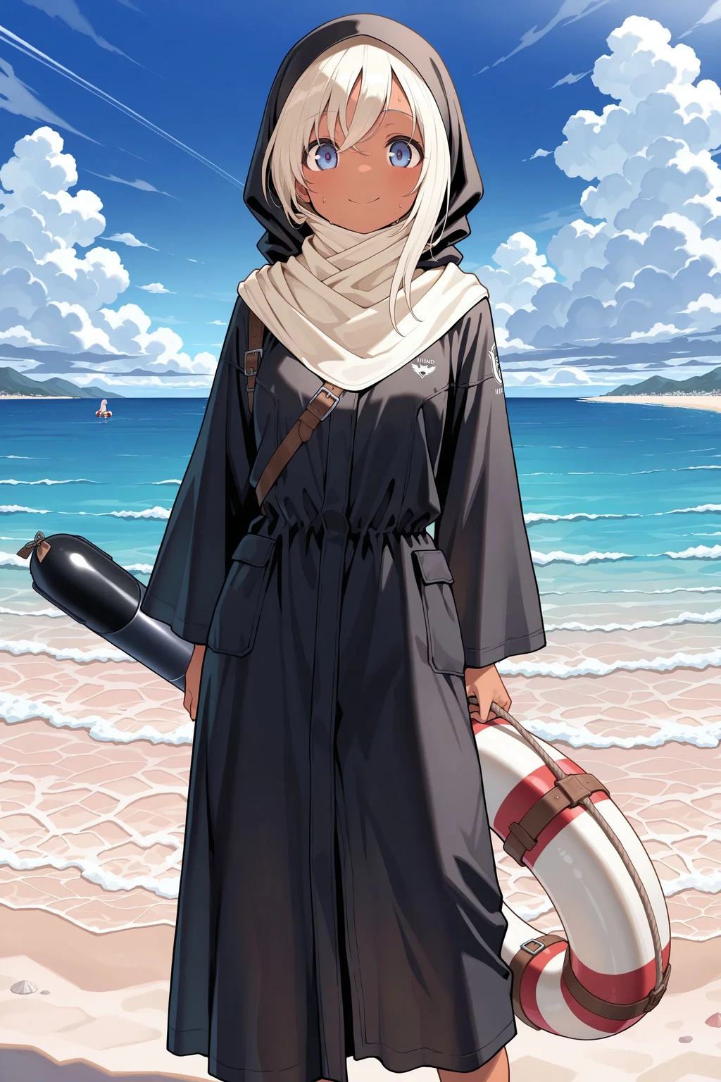 (masterpiece, best quality:1.2), amazing quality, very aesthetic, absurdres, perfect detail, illustrations,
beach, ocean, cloud, blue sky,
standing, planted torpedo, strap, holding life buoy, smile, sweat, looking at viewer,
solo, ro-500 \(pump\), hijab, black robe,
<lora:XL_Ill_kancolle-ro500(pump)-t2:0.9>