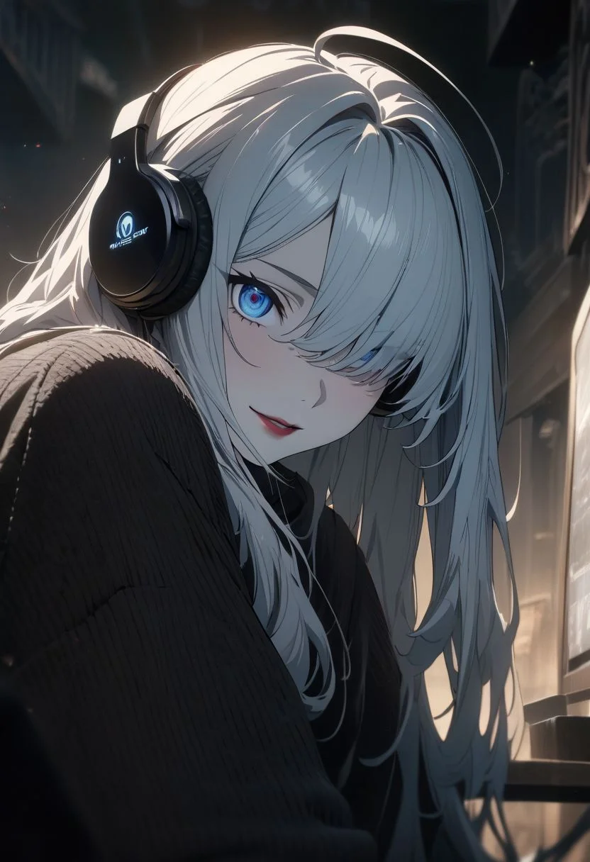 gorgeous lips, cinematic, (masterpiece), (best quality), (ultra-detailed), very aesthetic, illustration, perfect composition, intricate details, absurdres, detailed face, (anime, masterpiece, intricate:1.3), (best quality, hires textures, high detail:1.2), (4k),(incredibly detailed:1.4)
masterpiece, 1girl, a young girl, solo, nice girl, skinny, very thin build, multicolored hair, blue hair, white hair, the hair is slightly shaggy, hair over one eye, hairstyle with a side parting, voluminous hair, lush hair, long hair, streaked hair, ahoge, white skin, blue eyes, red lips, black jeans,black sweatshirt, oversize sweatshirt, black headphones, light smile, excited, against the background of servers, looking at viewer, portrait, (masterpiece:1.2), (best quality:1.2), (very aesthetic:1.2), (absurdres:1.2), (detailed background), newest,sharp focus, perfect hands, perfect face, perfect eyes, perfect light, dynamic light, natural light