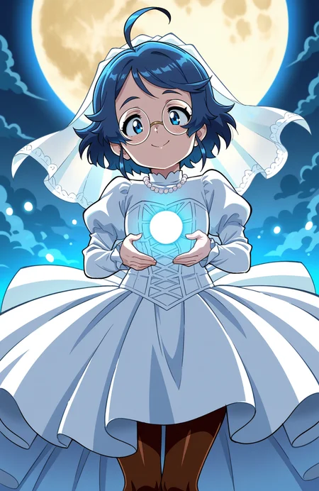 1girl, solo, <lora:Daikin:1> dkn,
senoo aiko, blue hair, blue eyes, ahoge, bridal gown, high collar, puffed sleeves, pantyhose, pearl necklace, veil, (medium shot), communing with spirits, detailed face, located in a magical scene at a enchanted giant's fortress during full moon night with stormy weather, illuminated by enchanted glow, creating a serene,majestic atmosphere, extremely detailed, highres, masterpiece, best quality