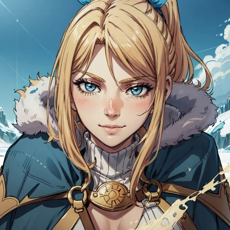 (headshot:1.4), (face close up of chole the ice witch), blonde hair, ponytail, sunny, (short luminous cape), furry collar, blue pants, midriff, pants, iron boots, very long hair, bangs, anime image, masterpiece, short cape,<lora:CholeV1:0.6>