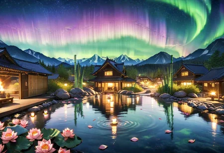 cinematic, (masterpiece), (best quality), (ultra-detailed), very aesthetic, illustration, perfect composition, intricate details, absurdres, (anime, masterpiece, intricate:1.3), (best quality, hires textures, high detail:1.2), (4k),(incredibly detailed:1.4)
houses near hot spring, mist, rocks, Peony, glittery mist, moonlight, sky, lots of stars in the sky, water reflections of the night sky, (bamboo), aurora, lotus floating on water with candle, flower petals in the water, moon in the sky, Anime art style, <lora:more_details:0.5>